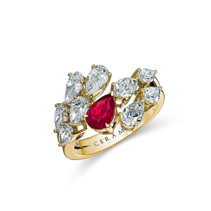 CERAMOND's Ruby Pear Ring in Yellow Gold