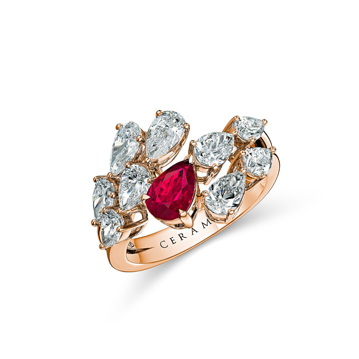 CERAMOND's Ruby Pear Ring in Pink Gold