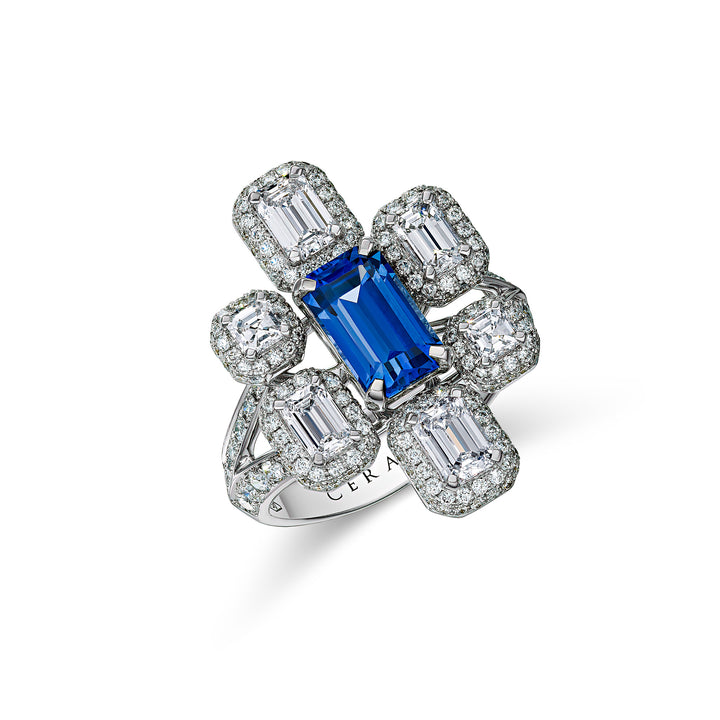 CERAMOND's Sapphire Emerald Ring in White Gold