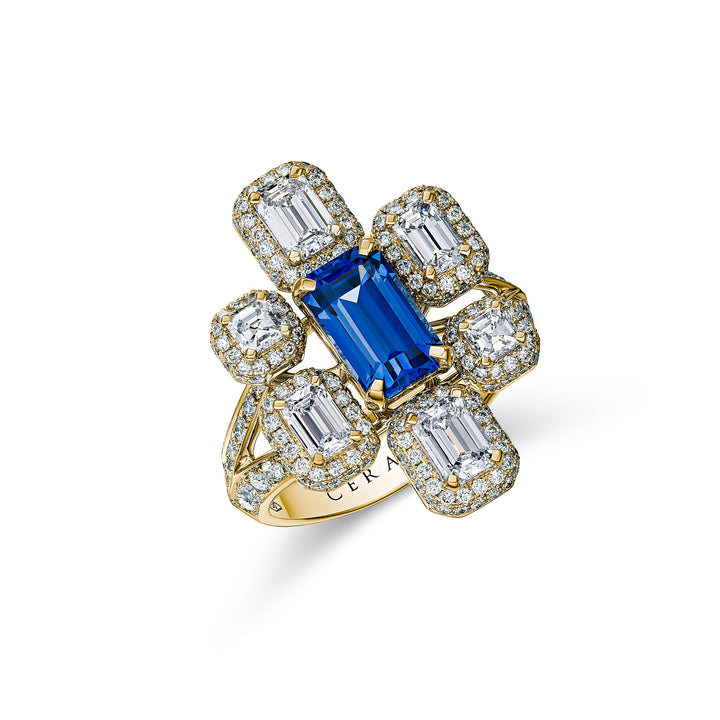 CERAMOND's Sapphire Emerald Ring in Yellow Gold