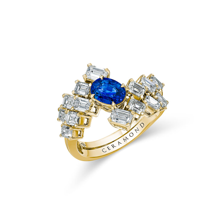 CERAMOND's Sapphire Emerald Ring in Yellow Gold