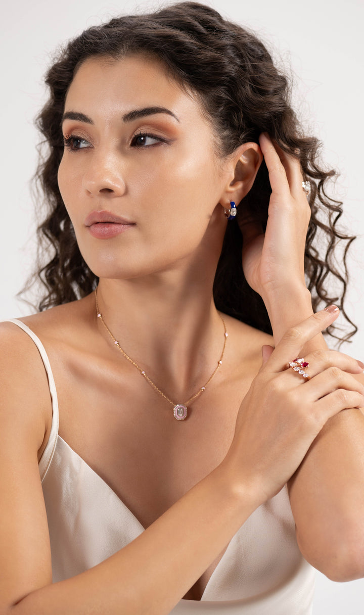 Cera Hoops Emerald Diamond Earrings in Pink Gold